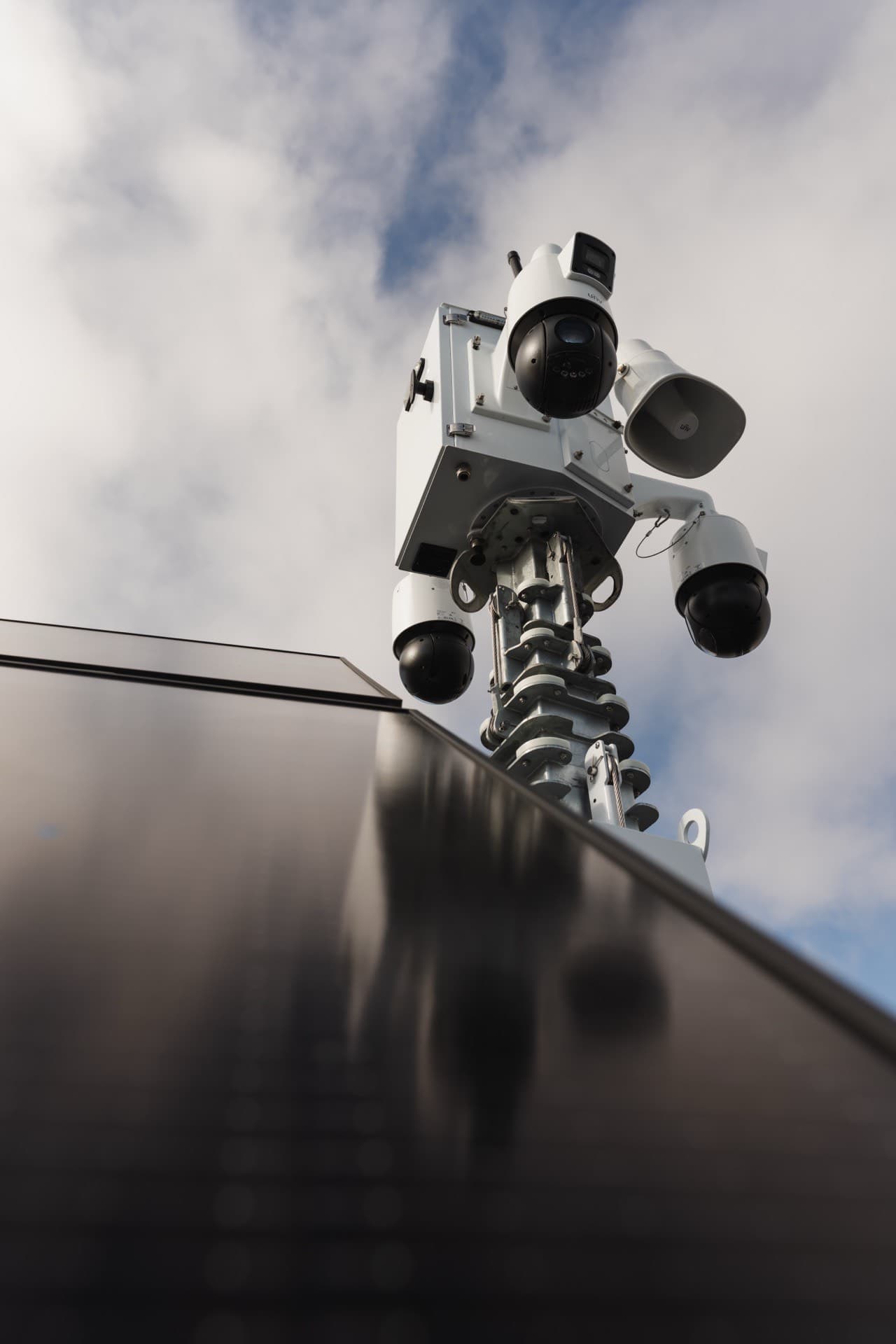 Close-up of PSP AI camera system with multiple PTZ cameras